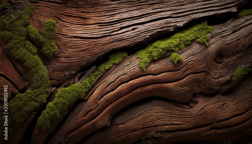 Extreme Close Up Detailing Rugged Tree Bark Texture Dark Brown Wood With Deep Crevices And Bright Green Moss