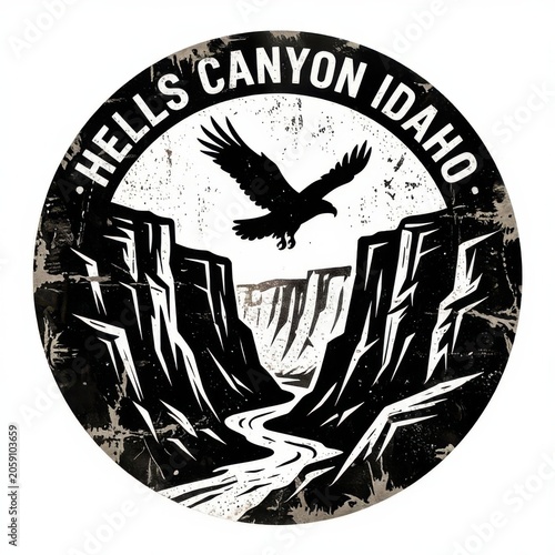 Dramatic Eagle Silhouette Over Canyon Landscape in Circular Vintage Badge Style