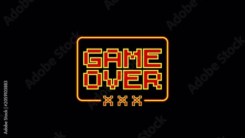 A pixel style game over message on black background, useful for retro game endings and challenge scenes.