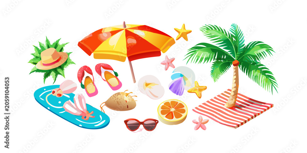 Obraz premium Tropical beach vacation essentials and summer elements, vector