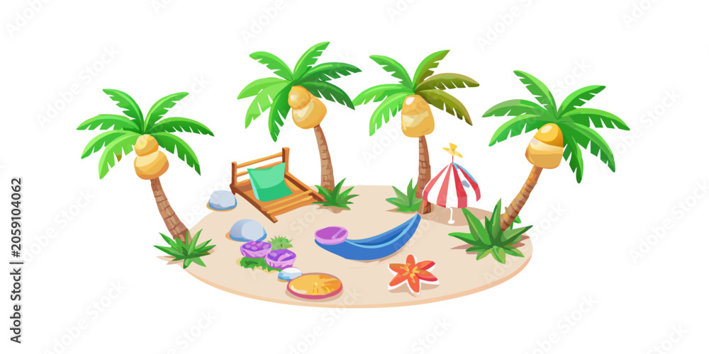 Fototapeta premium Tropical island beach resort with palm trees and boat, vector