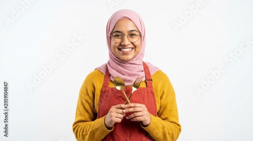 Professional culinary expert holding golden spoon and fork against white studio background for restaurant menu marketing