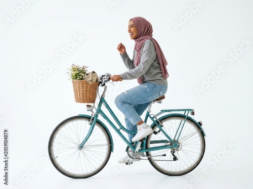 Muslim woman riding teal bicycle and laughing in minimalist white studio sharp focus profile shot for lifestyle and diversity marketing
