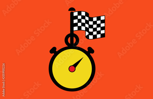 Checkered flag and stopwatch graphic design on vibrant orange background
