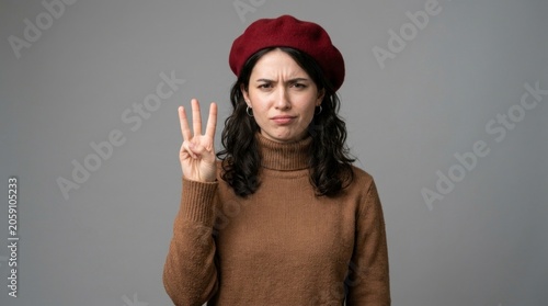 Woman gesturing three fingers in red beret on grey background with sharp studio focus for fashion and lifestyle marketing