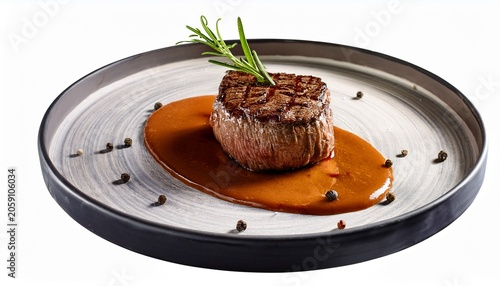 Gourmet Grilled Beef Fillet Mignon Steak With Rosemary And Pepper Sauce Isolated On White
