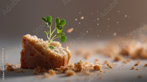 Green sprout emerging from stale bread in soft morning light, symbolizing renewal, resilience, and hope within broken systems.