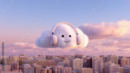 Smiling cloud wearing headphones floating above a pastel city at sunrise, expressing positivity, friendliness, and modern digital connection.