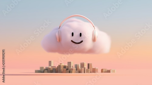 Smiling cloud wearing headphones floating above a pastel city at sunrise, expressing positivity, friendliness, and modern digital connection.