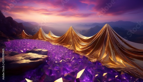 Surreal Landscape With Golden Glitter Fabric Draped Over Rocks And Amethyst Crystals Under Purple Sunset Sky