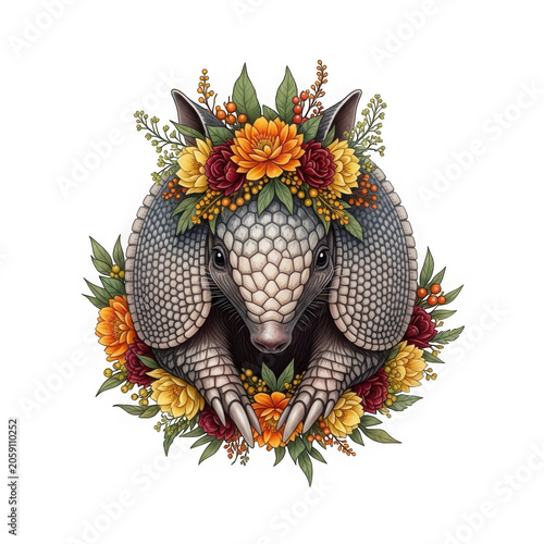 Cute armadillo portrait surrounded by a vibrant floral wreath isolated on transparent background