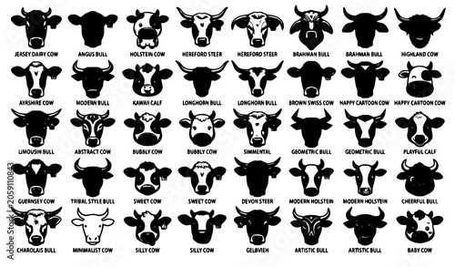 Foto Assorted Cow Head Vector Set with Dairy Beef and Stylized Cattle Portrait Illust