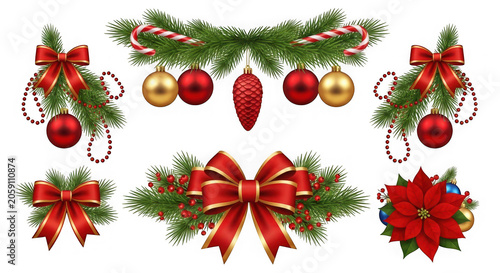 Christmas decorations set with fir branches, red bows, baubles, candy canes, pine cone and poinsettia isolated on transparent background