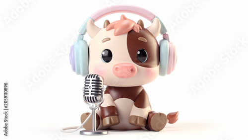 Cute cartoon cow wearing headphones with microphone.