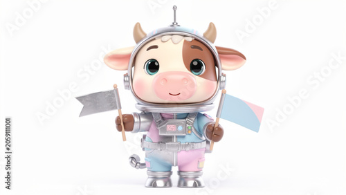 Cute cartoon cow astronaut wearing a spacesuit.