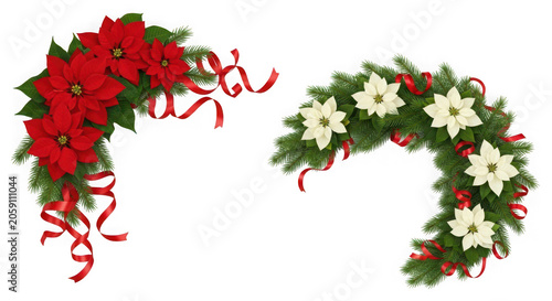Christmas corner swags with red and white poinsettia flowers, evergreen pine branches and red ribbons isolated on transparent background