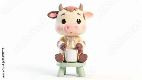 Cute cartoon cow figurine sitting on stool.