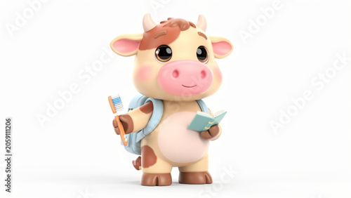 Cute cartoon calf wearing small backpack isolated.