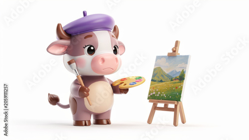Cute cartoon cow artist painting on easel.