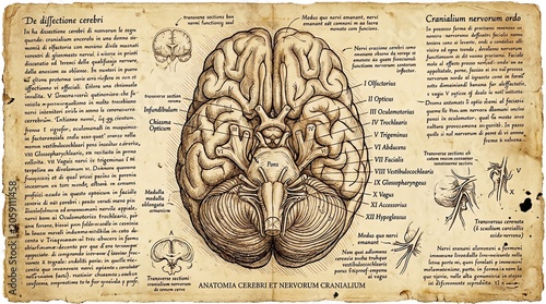 Detailed Anatomical Illustration of the Human Brain with Labels and Diagrams.