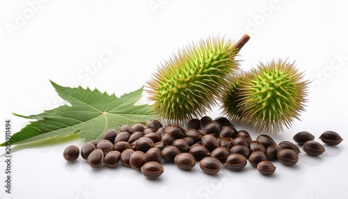 Ripe Fruit And Seeds Of The Castor Bean On A White Background