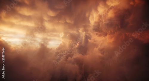 Dramatic Storm Clouds with Sunrays Breaking Through Cinematic Orange Sky Background