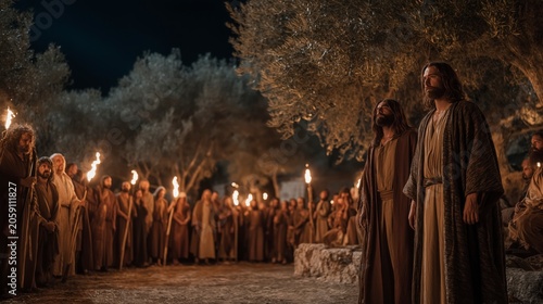 Jesus stands calmly in the garden as soldiers arrive with torches beneath the night sky, while the disciples react in shock, revealing courage, surrender, and faithfulness in the face of betrayal.
