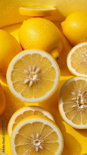 Vibrant lemons and sliced citrus arranged behind torn yellow paper in a triptych closeup. fresh summer fruit still life.