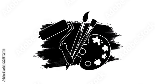 Minimal black silhouette icon, simple flat vector, bold black shape, no, no shading painting tools icon set with paint roller, brushes and artist palette on a, flat icon style