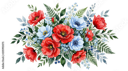 Watercolor bouquet of red poppies and blue anemones with green leaves and small flowers isolated on transparent background