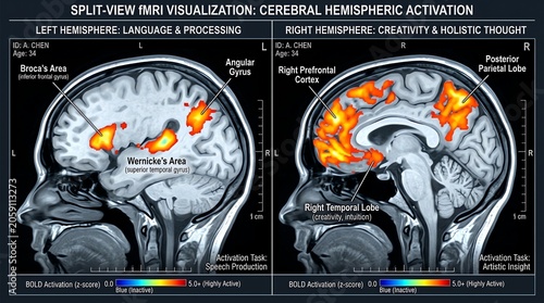 Split-View MRI Brain Scan Showing Hemispheric Activation.