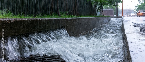 Heavy rain causes water to flow along a street gutter during a rainy day in a busy urban area