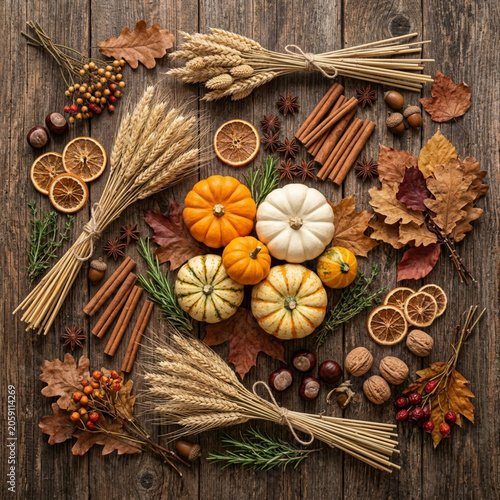 Autumn Harvest Flatlay with Pumpkins, Wheat and Fall Leaves  
