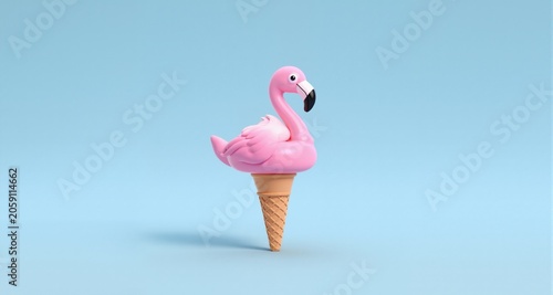 Flamingo float rotate around ice cream on pastel blue background. Seamless looped animation. Minimal summer concept. 3d rendering
