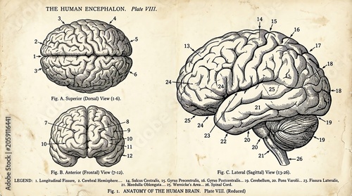 Detailed Vintage Brain Anatomy Illustration for Medical Study.