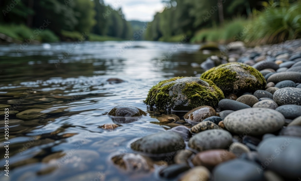 Fototapeta premium Close-up of moss-covered rock in clear flowing river with pebbles and forest background