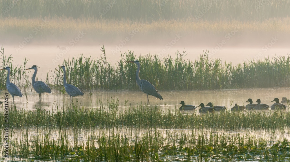 Fototapeta premium Cranes and ducks gather near a wetland at dawn in a misty setting with tall grass on the banks