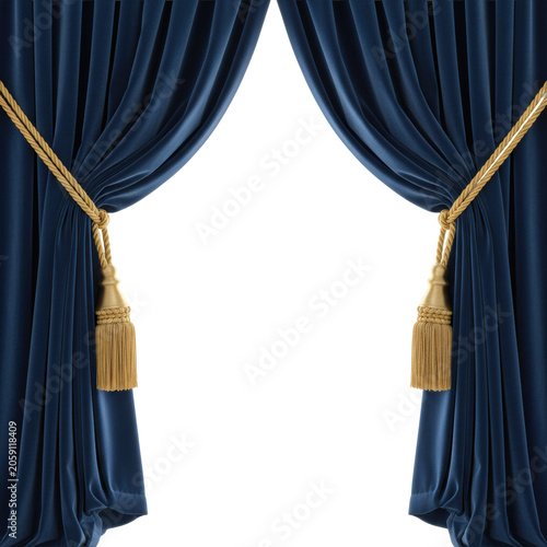Navy blue velvet curtains with gold braided cords and tassels draped symmetrically in an open state against a white studio backdrop. luxury theatrical atmosphere