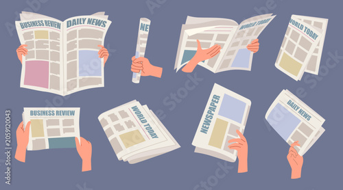 Set of hands with newspaper. People hold fresh periodical press, read daily news and publications in paper media resources. Flat human made vector illustration collection isolated on background