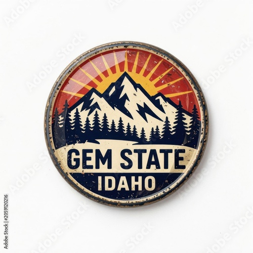 Vintage Idaho State Patch with Mountain Sunrise and Pine Trees on Round Embroidered Badge
