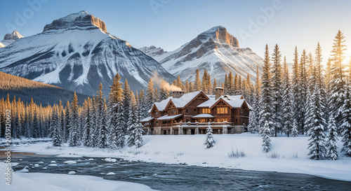 Luxury Winter Mountain Lodge By River At Sunset
