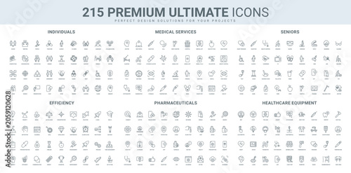 Bild auf Leinwand Efficiency of business management skills, medical devices, elderly people, healthcare line icon set
