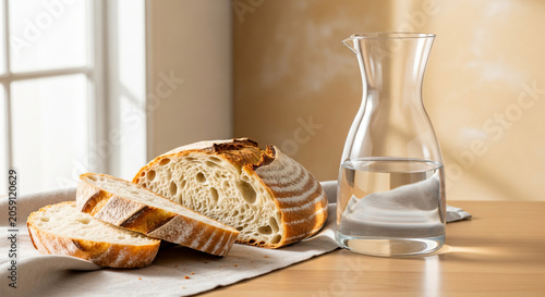 Fresh Sourdough Bread Loaf Slices and Water Carafe on Table