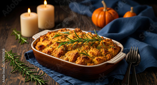 Hot Baked Casserole With Rosemary And Pumpkins On Rustic Table