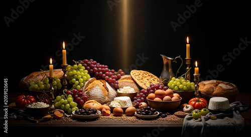 Rustic Still Life Food Bread Grapes Candles Dark Background Horizontal