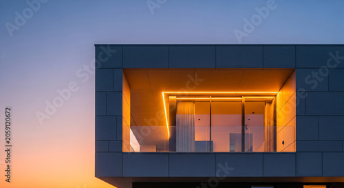 Modern Architecture Facade Minimalist Terrace With Warm Twilight Lighting