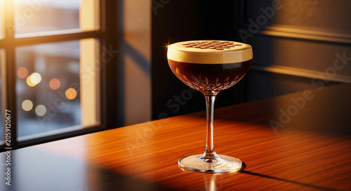 Cold Espresso Coffee Drink With Foam In Coupe Glass