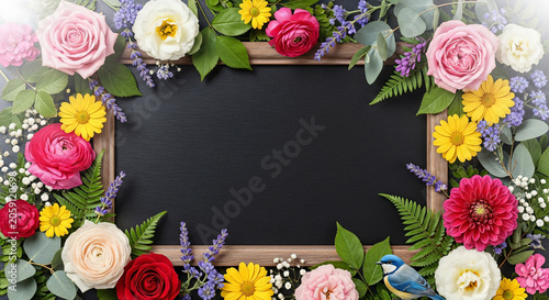 Blackboard Floral Frame Colorful Flowers Spring Border Horizontal Copyspace