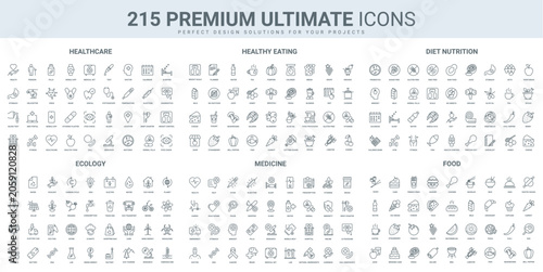 Eco green technology, healthy nutrition, medical care in hospital thin black line icons set vector illustration. Outline symbols of ecology and food diet, drugs and vitamin menu for weight control
