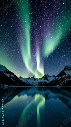 People watch northern lights over mountains and a lake during the night in a clear sky with stars
